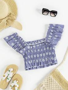 Soleia Áo sơ mi crop có in hoa sang trọng và viền ren xòe - Màu xanh lam - Xem 2