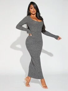 SHEIN SXY 女士緊身針織肋紋長袖連衣裙 - 灰色 - 查看 1