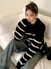 DAZY Áo len chui đầu kẻ sọc vai trễ thường ngày, quần áo mùa thu - màu đen - Xem 5