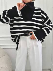 EURMUSE Women's Striped Half Zipper Drop Shoulder Sweater - Black and White - View 3