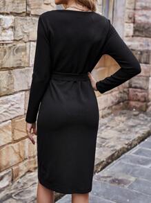 SHEIN Clasi 女款拼布束帶 Pu 皮革連身裙 - 黑色 - 查看 2