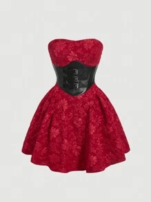 SHEIN MOD 女式提花無肩帶收腰連身裙 - 紅色 - 查看 1