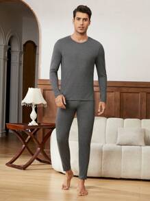 男用針織純色修身保暖長袖上衣 - 灰色 - 查看 6