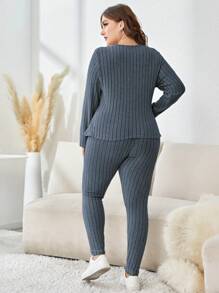 Mulvari 2pcs/set Plus Size Cross Front Ribbed Knit T-shirt And Leggings Set - Blue - View 2