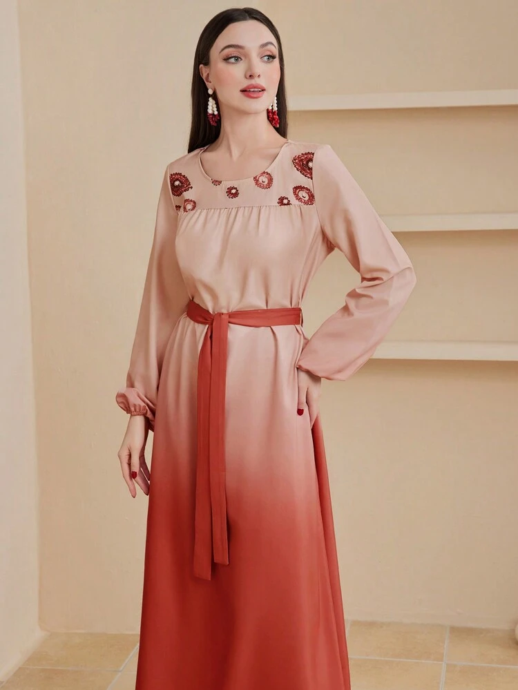 Lantern Sleeve Belted Ombre Dress