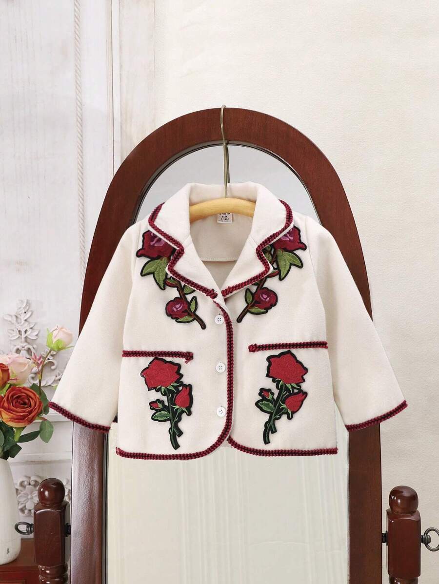 Toddler Girls' New Embroidered Rose Warm Woolen Jacket With Windproof Function For Autumn And Winter - Beige - View 1