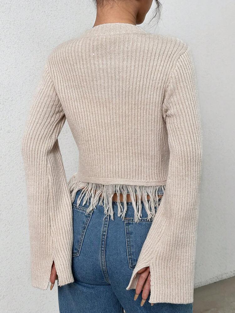 Women's Round Neck Fringed Hem Bell Sleeve Knit Pullover Fall Winter Sweater