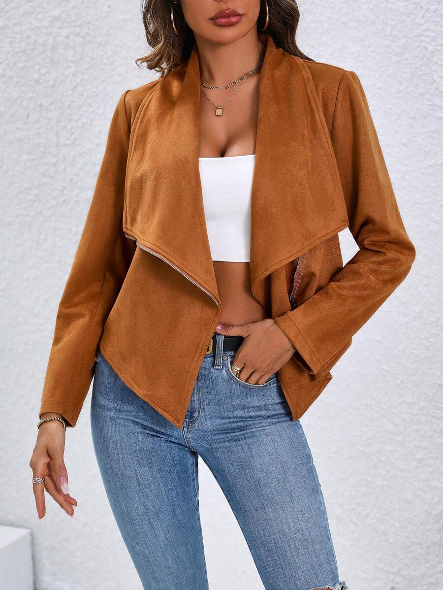 SHEIN Clasi Dây kéo Viền không đối xứng Áo khoác - màu nâu - Xem 1