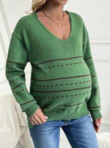 SHEIN Maternity Striped Drop Shoulder Sweater, For Winter - Army Green - View 3