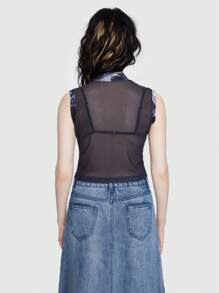 ROMWE Street Life Street Style Tight Fit Tank Top For Summer With Stand Collar & Stars, Music & Slogan Print And Sheer Mesh Detail - Black - View 4