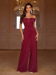 SHEIN Belle Bordeauxrode dames off shoulder jumpsuit met wijde pijpen