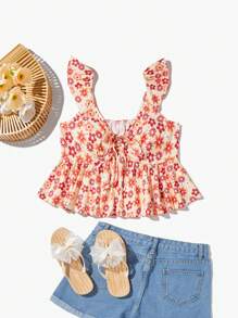 Soleia Women's Floral Print Tie Waist Ruffle Hem Decorated Blouse - Multicolor - View 1