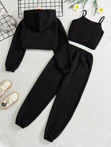 SHEIN Tween Girls Fashionable Street Style Hooded Knit Sweatshirt With Camisole Top And Jogger Pants - Black - View 8