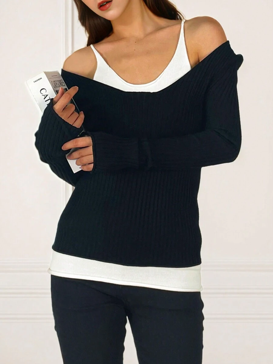 拼色對比長袖2合1毛衣 - 黑色 - 查看 1