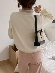 Rikumo Solid Drop Shoulder Ruffle Trim Sweater Winter - White - View 4