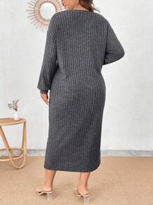 Calvaya 女式大尺碼圓領羅紋連身裙,不含腰帶 - 灰色 - 查看 2
