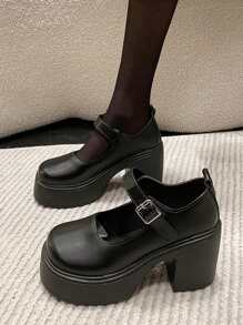 ROMWE Goth 2023 Của phụ nữ Hàng mới đến Chóp giầy tròn Đen Phong cách Học viện JK Giường đơn Dây đeo Cao gót & Dày Đế Giày dép - màu đen - Xem 3