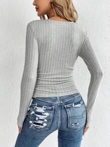 SHEIN Tall Women's V-Neck Pleated Ribbed T-Shirt - Grey - View 2