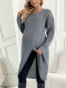 SHEIN Áo len quấn dệt kim màu trơn cho bà bầu, mùa đông - Xám - Xem 1
