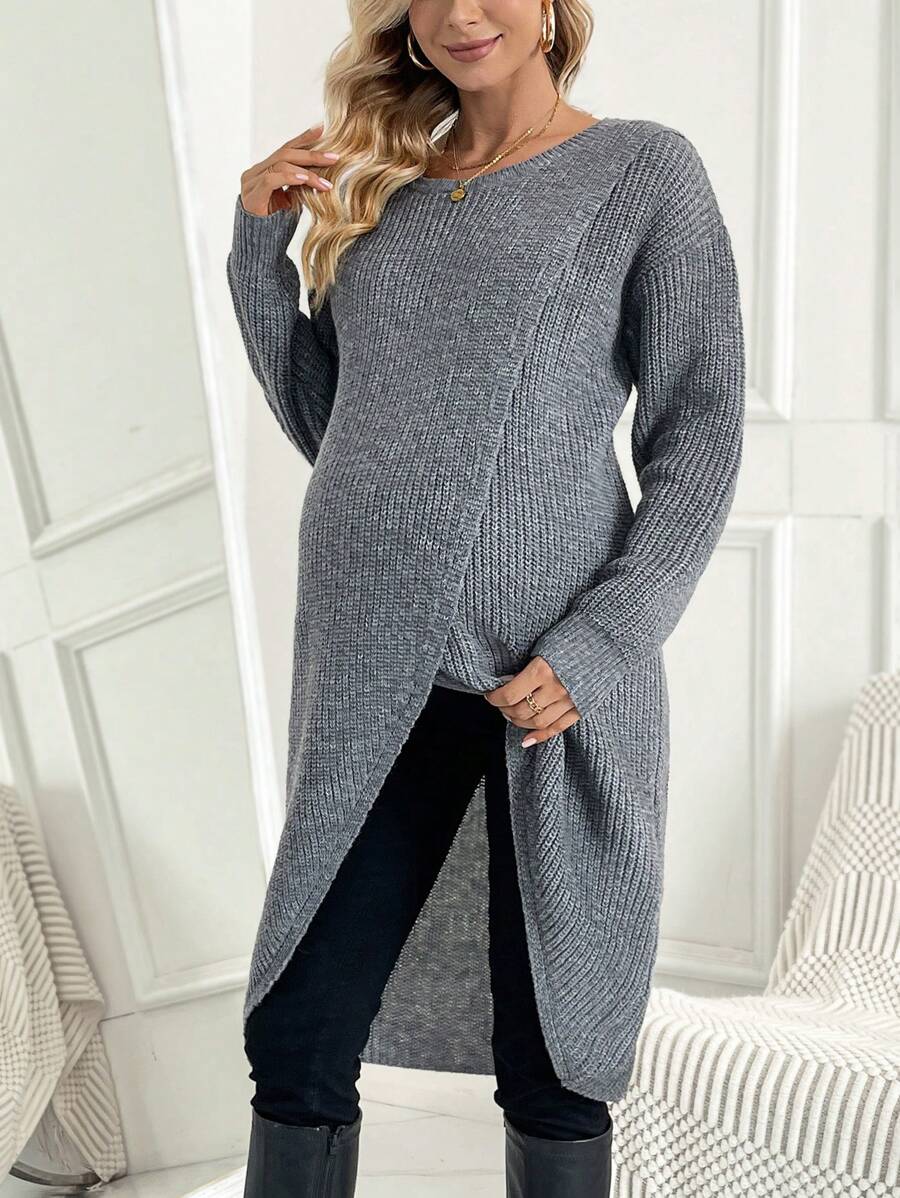 SHEIN Áo len quấn dệt kim màu trơn cho bà bầu, mùa đông - Xám - Xem 1