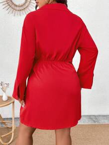 SHEIN Unity Plus Size Ruffled Sleeve Belted Dress - Red - View 2
