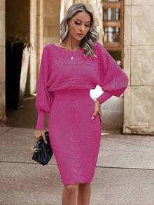 SHEIN Essnce 純色蝙蝠袖毛衣連衣裙 - 玫紅色 - 查看 5