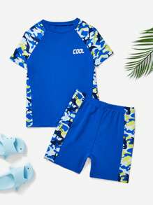 SHEIN 青少年男孩休闲迷彩圆领 T 恤和短裤、泳衣 3 件/套 - 藍色 - 查看 1