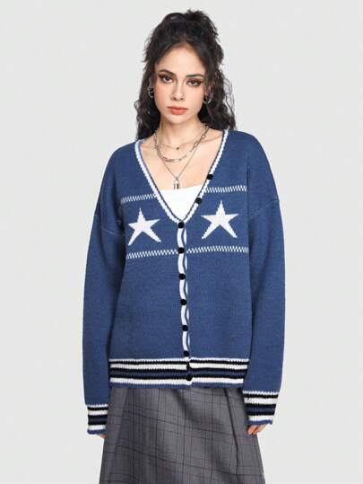 Grunge Punk Casual Outdoor Sport Style Color Block Star Button Design Cardigan Sweater
