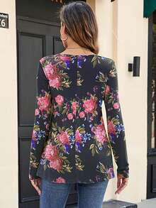 女士花卉印花長袖t恤 - 彩色 - 查看 2