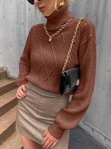 SHEIN Privé Solid Color High Neck Chunky Sweater With Drop Shoulder Knit Pullover Fall Winter Sweater - Coffee Brown - View 4