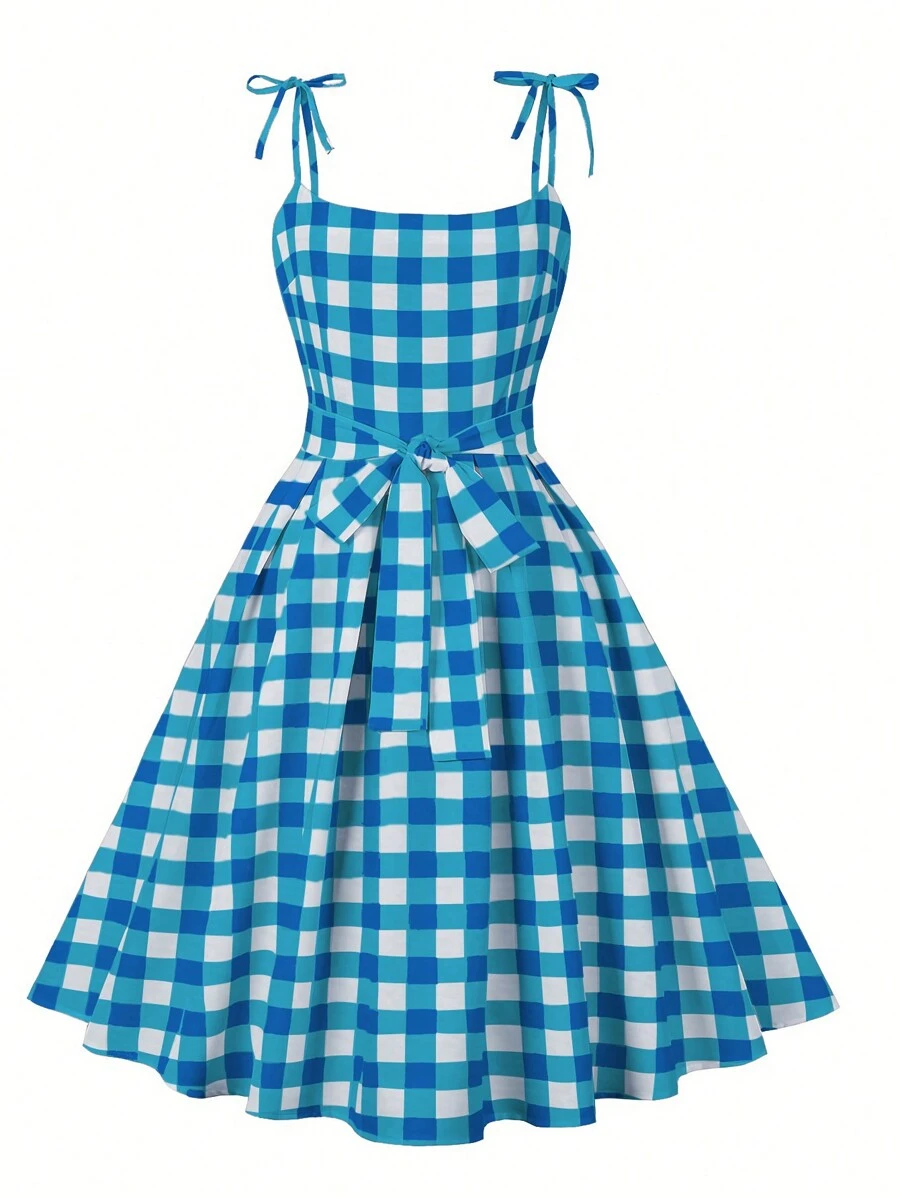 SHEIN Franclia Kẻ sọc Thắt lưng Váy Dây - Màu xanh lam - Xem 1