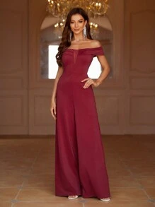 SHEIN Belle Bordeauxrode dames off shoulder jumpsuit met wijde pijpen