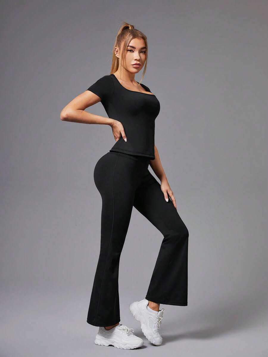 SHEIN Daily&Casual Square Neck Short Sleeve Tshirt And Flared Pants