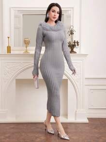 Modelyn 不對稱下擺拼接高領長袖修身毛衣裙 - 淺灰色 - 查看 3
