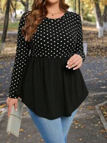 SHEIN LUNE Women's Plus Size Polka Dot Printed Round Neck Long Sleeve T-shirt With Patchwork Design - White - View 1