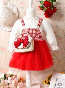 Dziecko Dziewczyny w pepitkę Siatka Warstwowe Sukienki Z Migotać