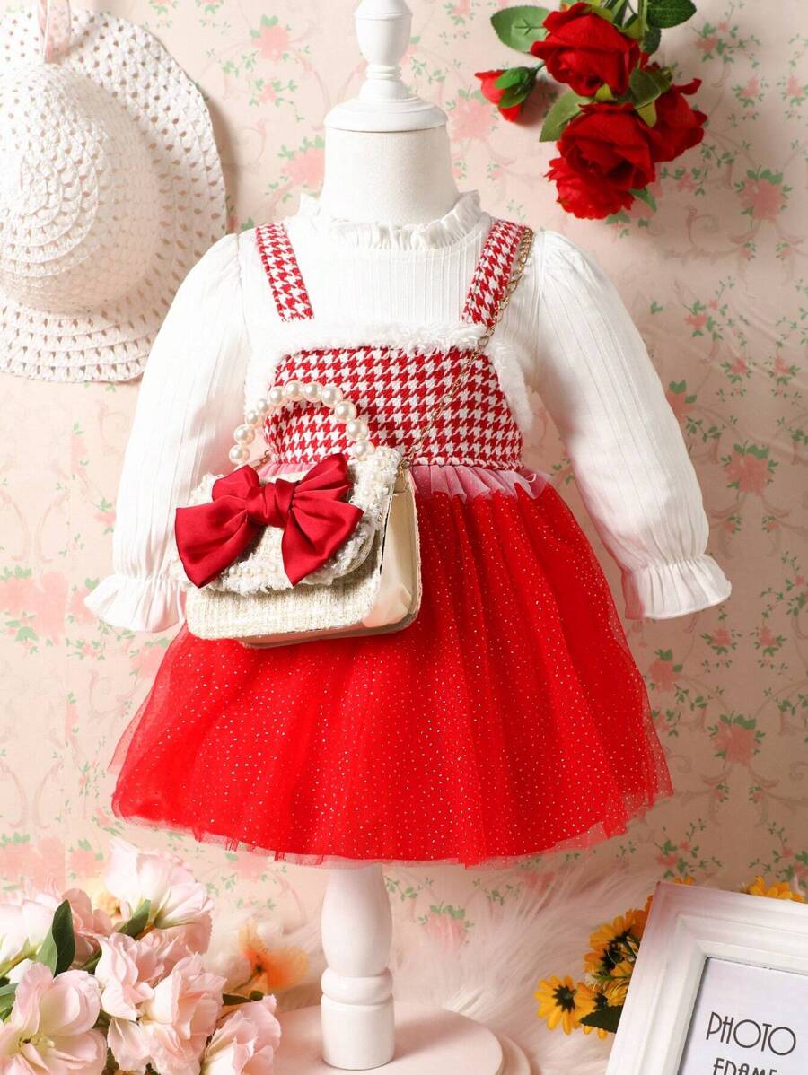 Dziecko Dziewczyny w pepitkę Siatka Warstwowe Sukienki Z Migotać