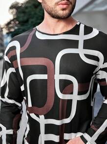 Manfinity Homme 男款全印花圓領長袖圖案 T 卹 - 黑與白 - 查看 4