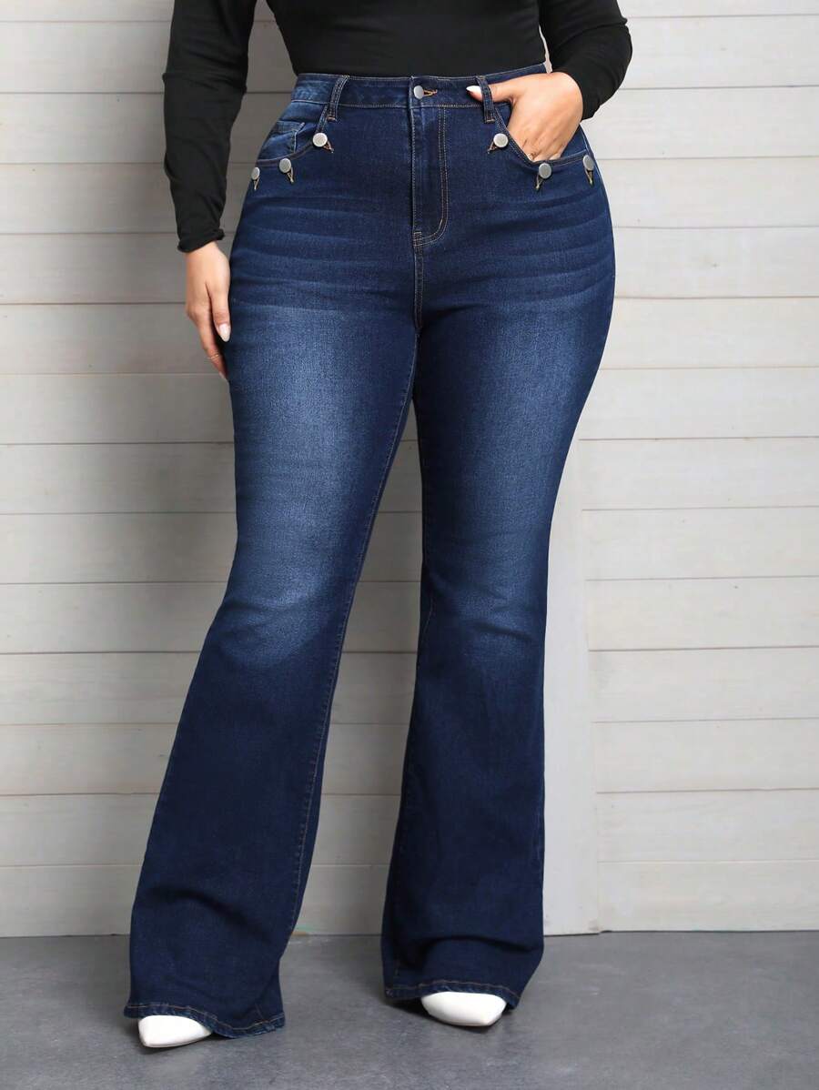 Women's Plus Size Button Closure Flared Denim Jeans With Slanted Pockets - Dark Wash - View 1