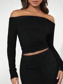 SHEIN BASICS 女士純色露肩毛衣 - 黑色 - 查看 5