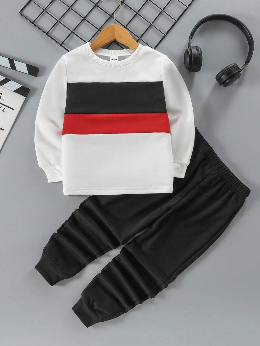 SHEIN 男童拼色圆领上衣和运动裤两件套 - 彩色 - 查看 1