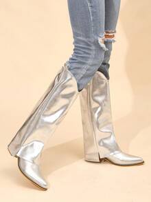 時尚粗跟及膝女性靴子 - 銀色 - 查看 2