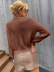 SHEIN Privé Solid Color High Neck Chunky Sweater With Drop Shoulder Knit Pullover Fall Winter Sweater - Coffee Brown - View 2