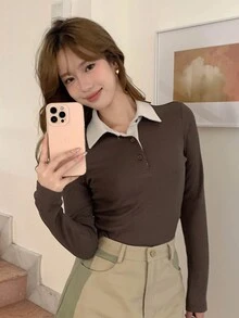 Dazy Designer 女款拼色 Polo 領長袖 T 卹 - 咖啡棕 - 查看 7