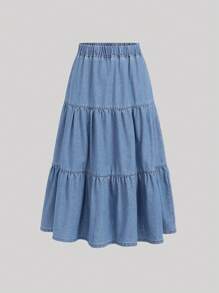 SHEIN Falda de mezclilla con borde de volantes para chicas adolescentes - Azul lavado medio - Ver 1