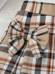 SHEIN Nhỏ bé Cô gái Kẻ sọc Váy Với Bowknot , Gấp lại Và Viền xếp - Màu Khaki - Xem 4