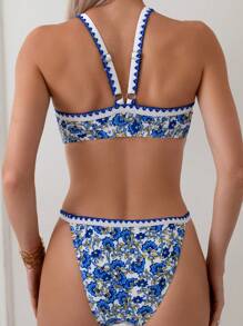 SHEIN Swim Flower Pattern Halter Neck Bikini Set Summer - Multicolor - View 2