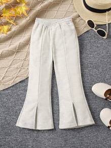 SHEIN Little Girls' Flared Sweatpants With Side Slits - Light Grey - View 1