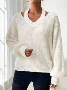 SHEIN LUNE Solid Color Hollow Out Casual Sweater With Drop Shoulder