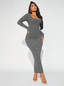 SHEIN SXY 女士緊身針織肋紋長袖連衣裙 - 灰色 - 查看 4